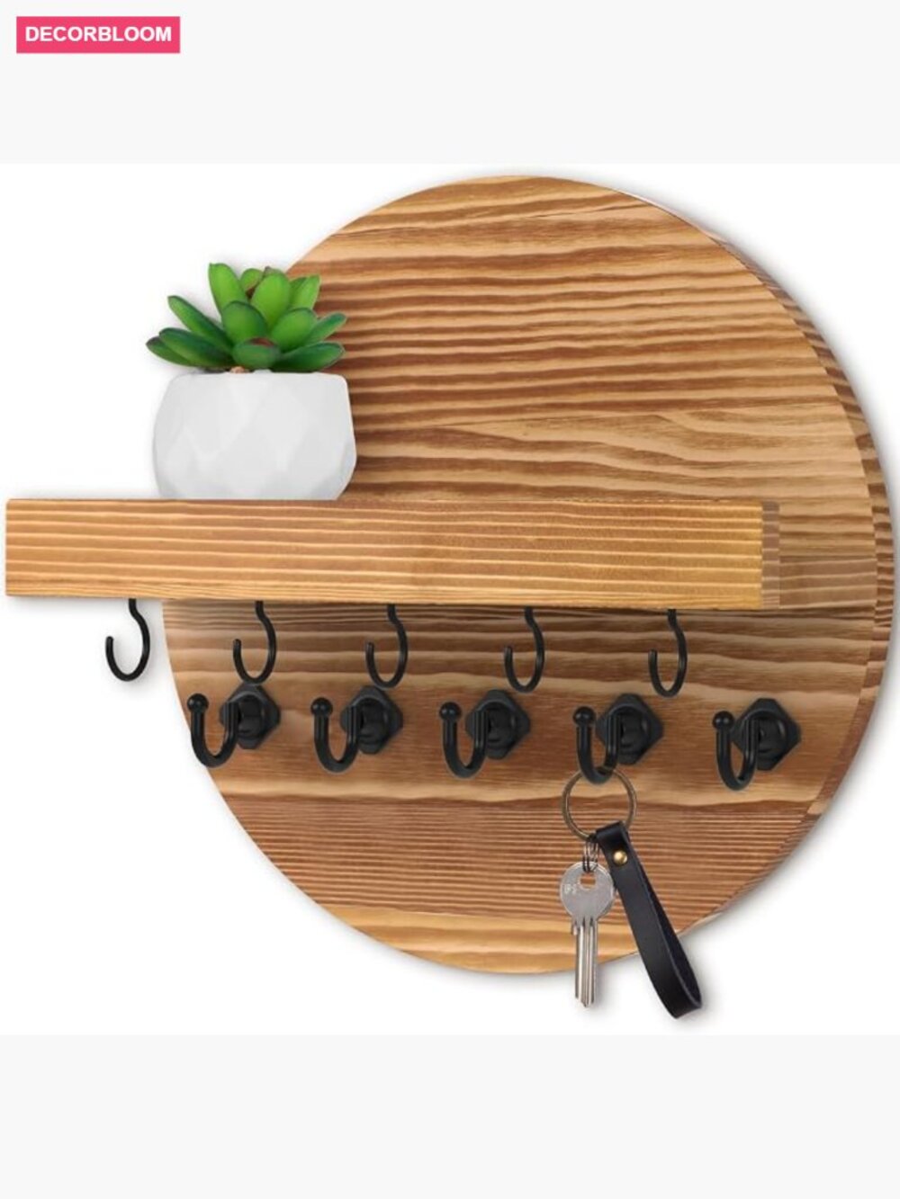 Round Wooden Key and Mail Organizer for Wall Entryway Hallway 10 Hooks